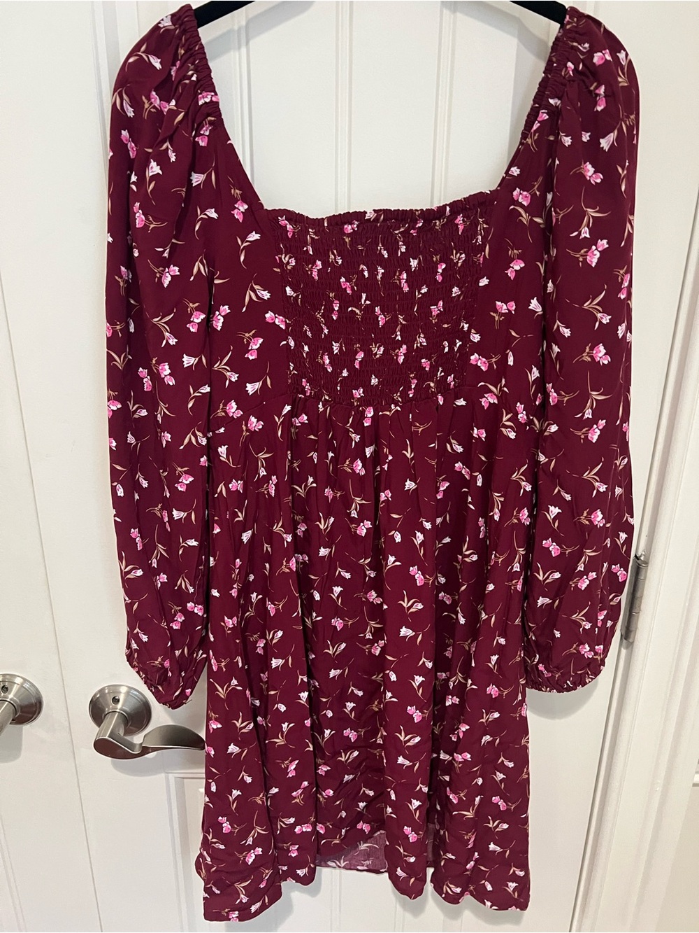 Gap NWT Smocked Floral Mini Dress – Burgundy Long Sleeve Cottagecore - Picture 6 of 8